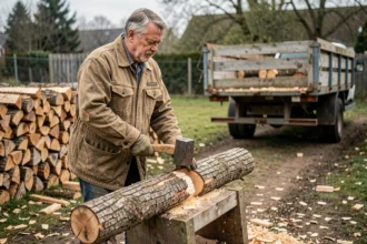 Homme coupant du bois de chauffage dans une cour rurale avec un grumier en arrière-plan