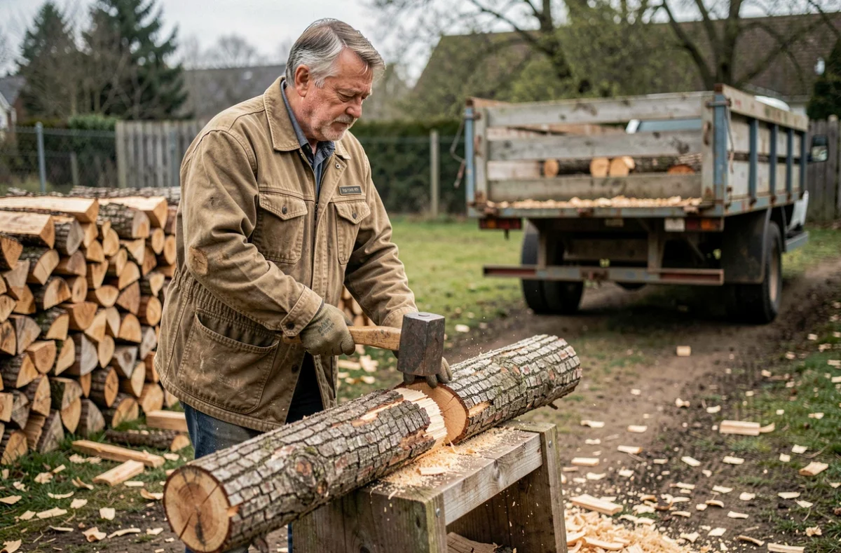Homme coupant du bois de chauffage dans une cour rurale avec un grumier en arrière-plan