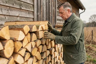 Homme empilant des stères de bois de chêne fendu contre une grange en bois, formation d'un mètre cube précis en milieu rural