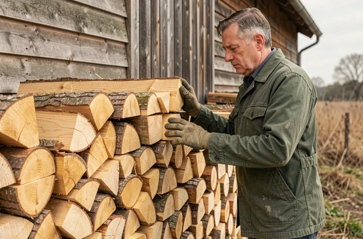 Homme empilant des stères de bois de chêne fendu contre une grange en bois, formation d'un mètre cube précis en milieu rural
