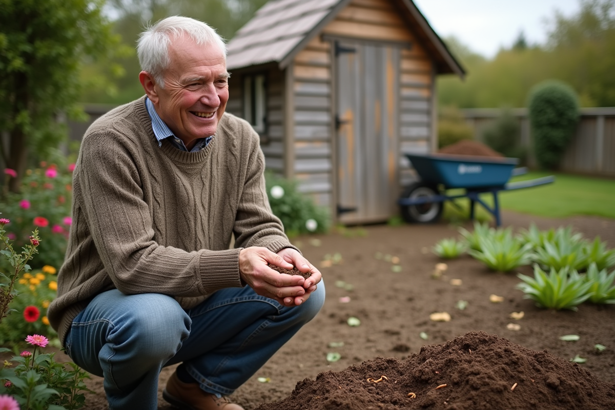 Homme âgé observant les vers de terre dans le sol