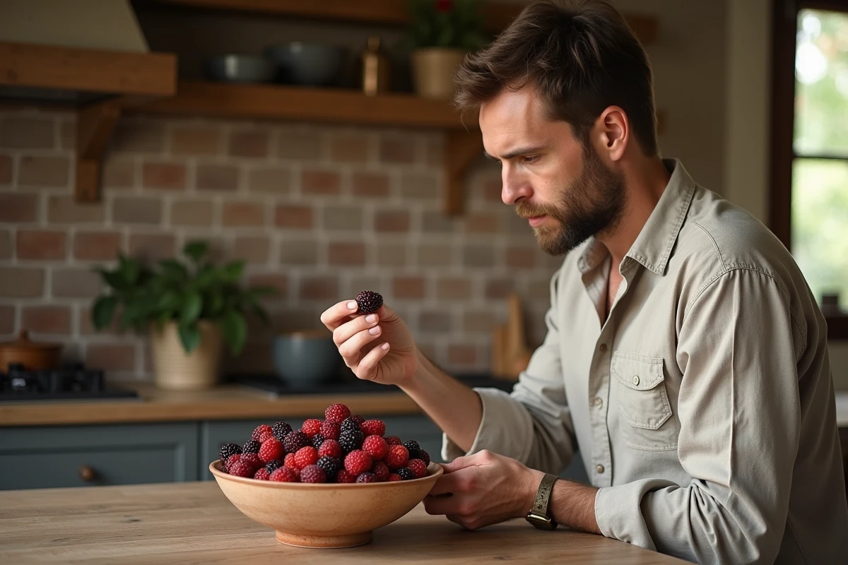 Homme examinant des fruits de mûrier platane dans un bol en céramique sur une table en bois, questionnant leur comestibilité
