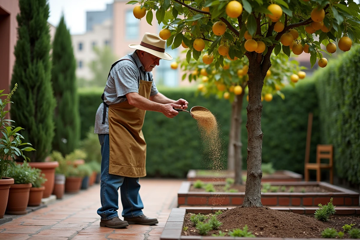 Homme âgé fertilisant un citronnier dans un patio urbain