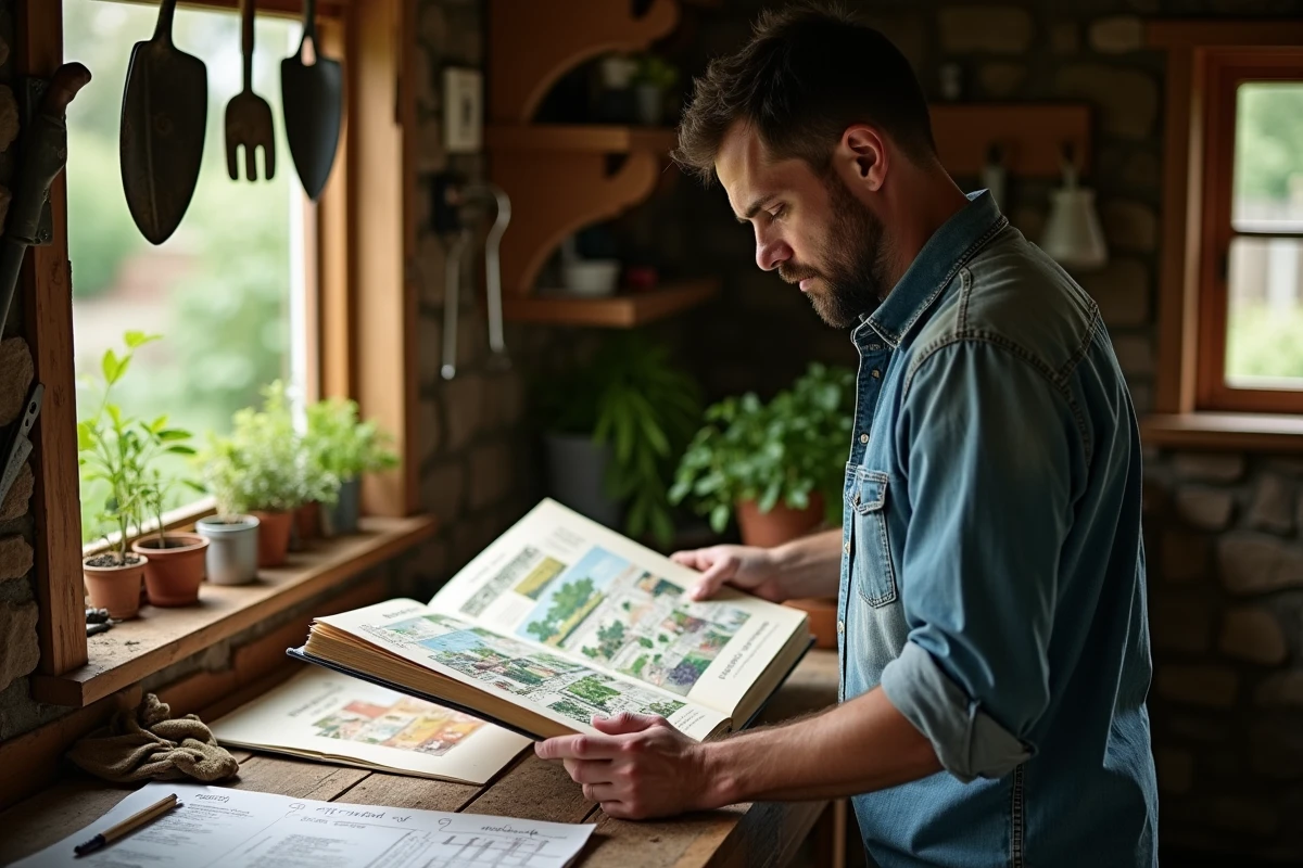 Homme consultant un guide pratique de permaculture dans un atelier de jardinage