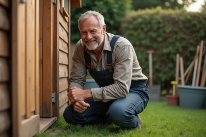 Homme en salopette examine un abri de jardin en bois
