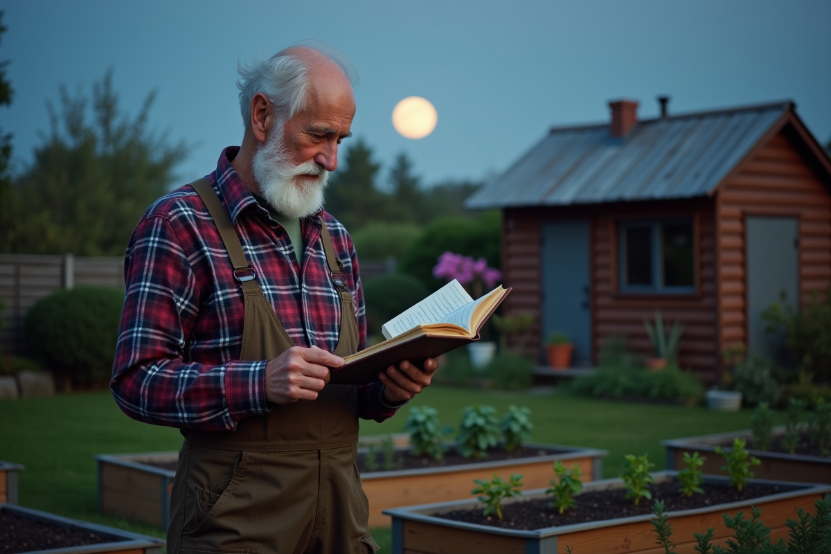 Homme âgé examinant ses jeunes plants au crépuscule