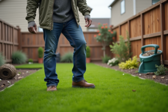 Homme d'âge moyen marchant sur une nouvelle pelouse verte