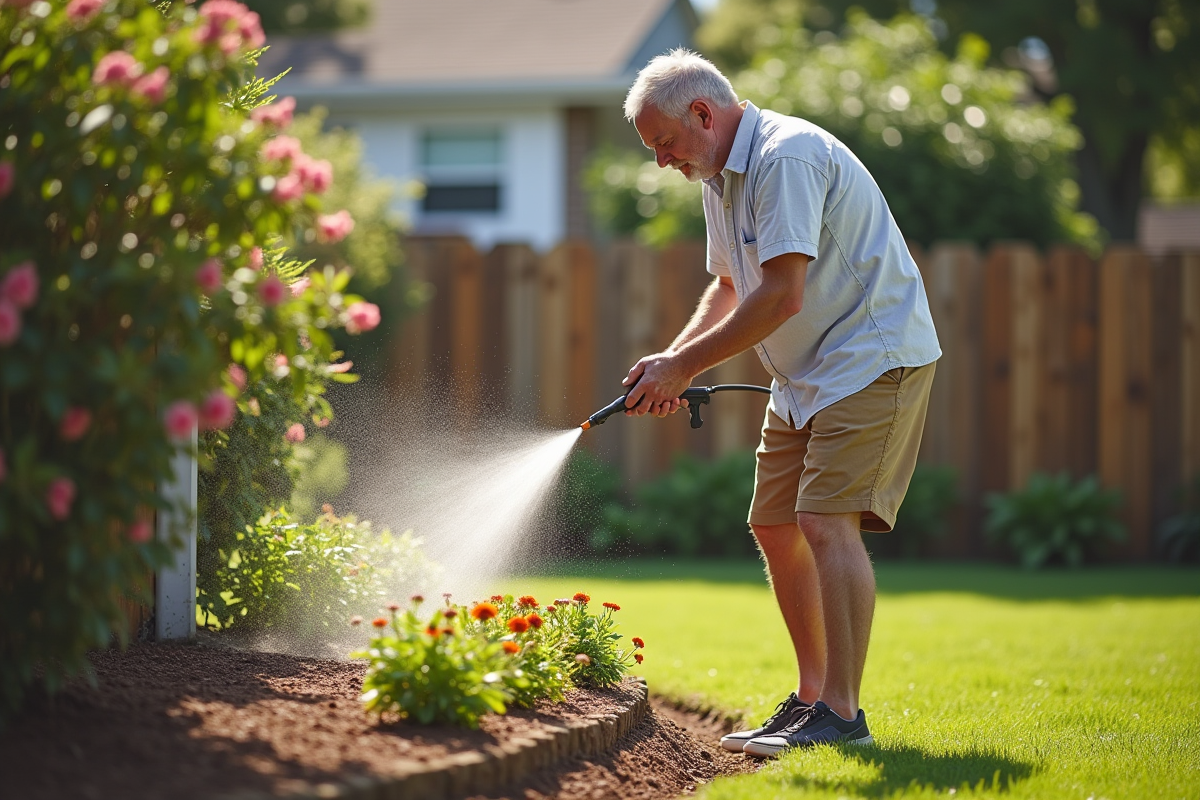 Homme arrosant jardin devant maison ensoleillee
