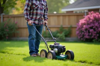Homme d'âge moyen poussant une scarificateuse dans un jardin verdoyant