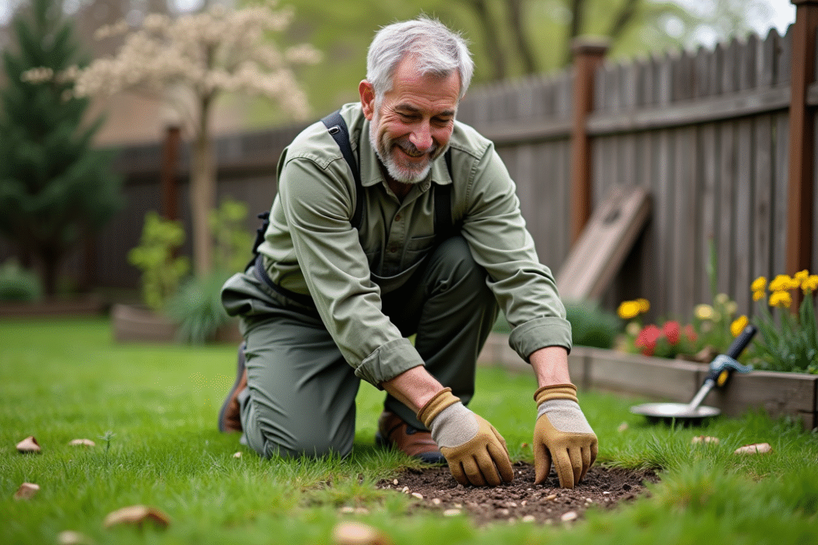 Homme d'âge moyen en tenue casual jardinage dans la pelouse