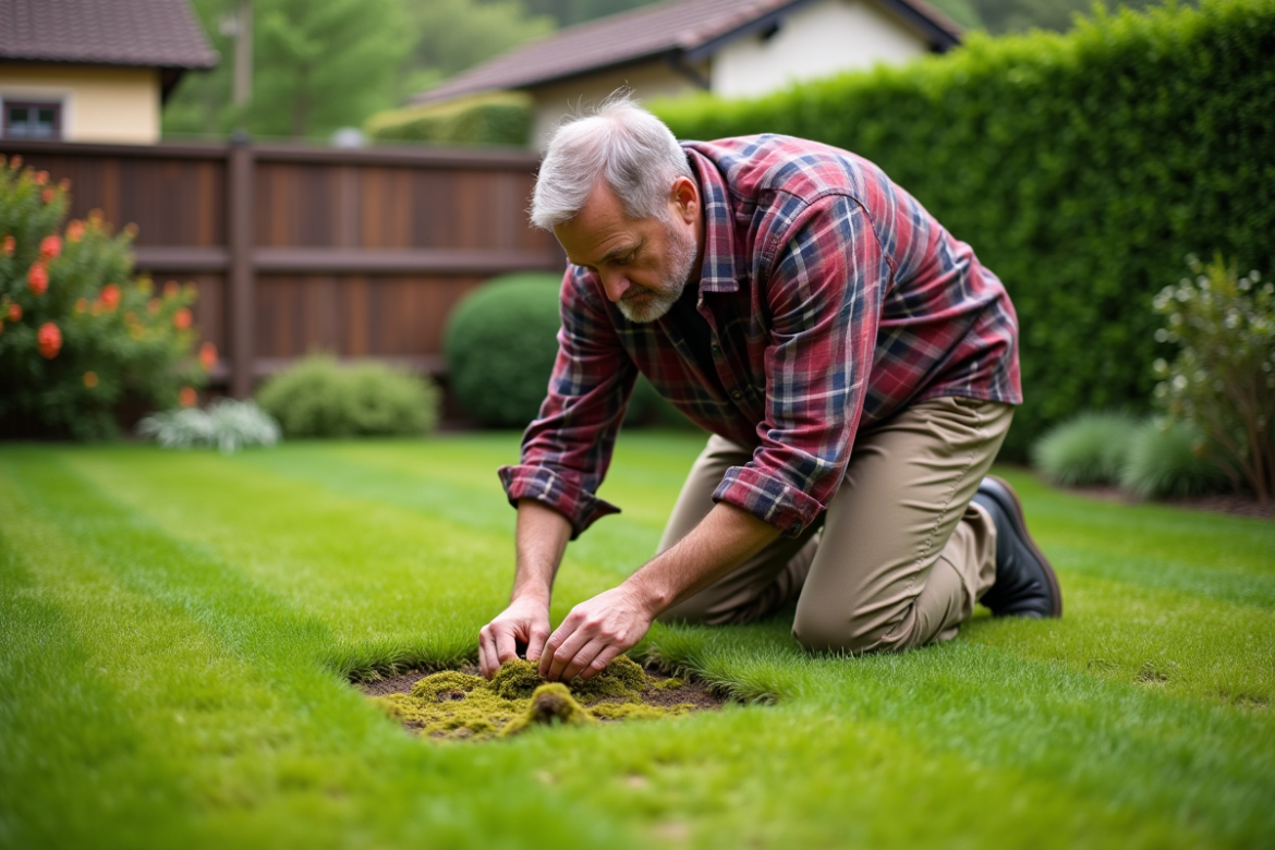 Homme d'âge moyen inspectant la mousse dans le jardin