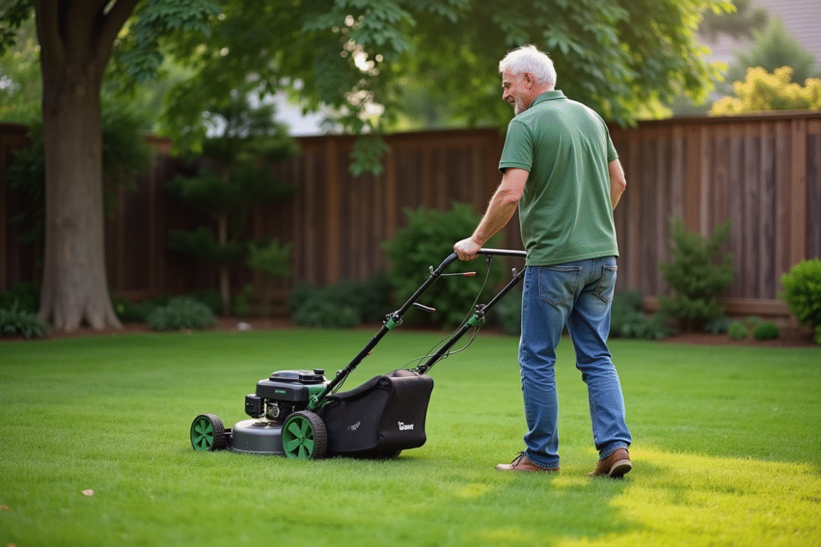 Homme d'âge moyen en vêtements de jardinage pousse une tondeuse