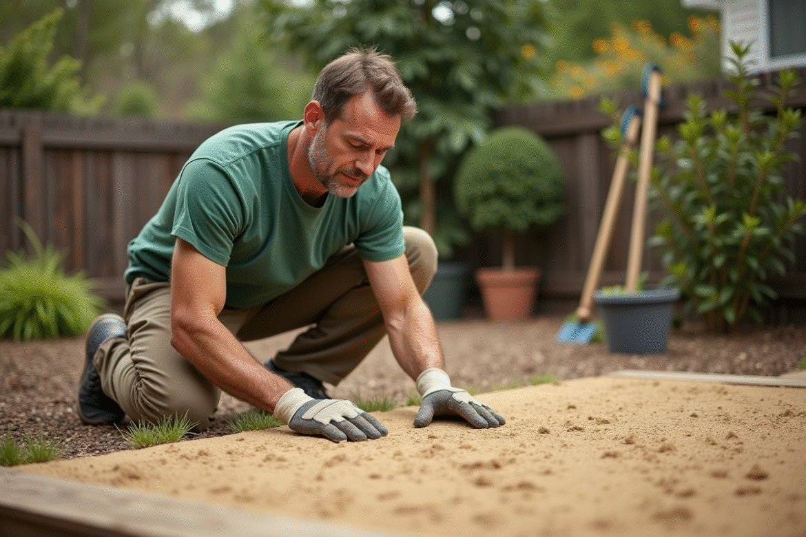 Homme en pantalon de travail et gants pose du sable dans le jardin