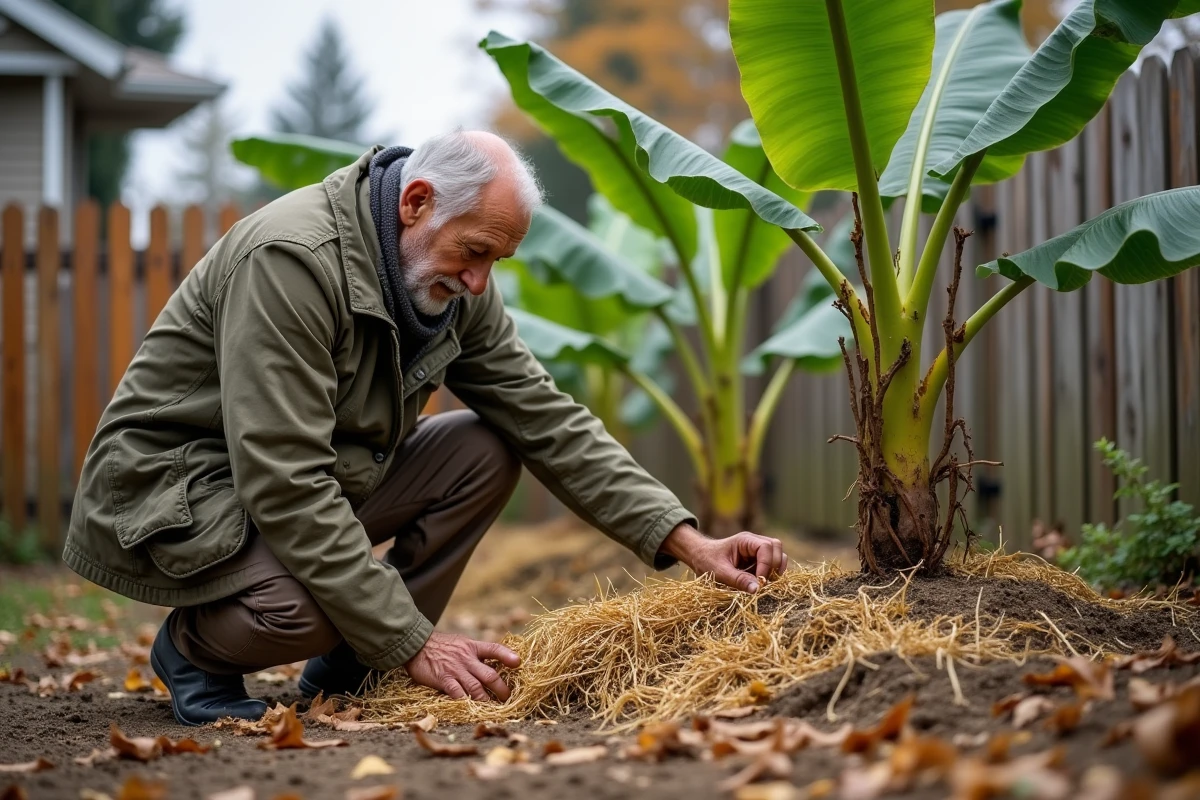 Homme âgé posant de la paille autour d’un bananier dans le jardin