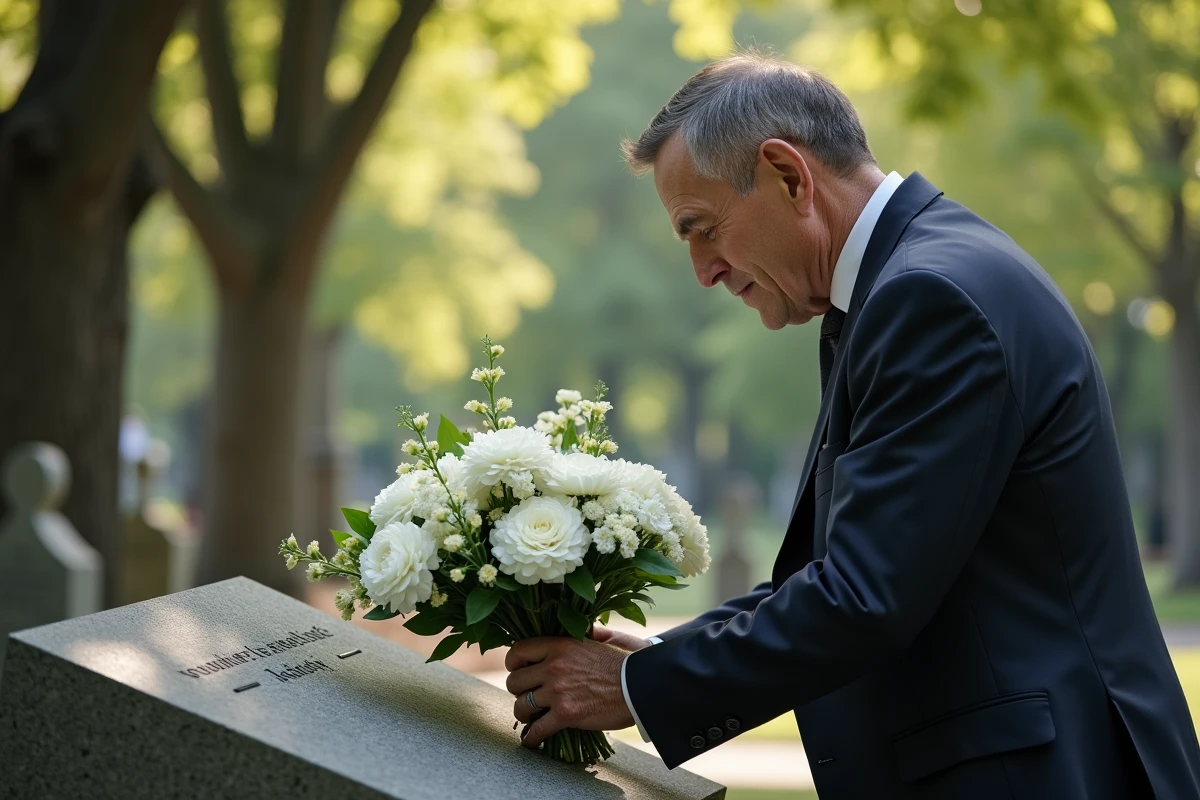 Homme en costume arrangeant des fleurs sur une tombe