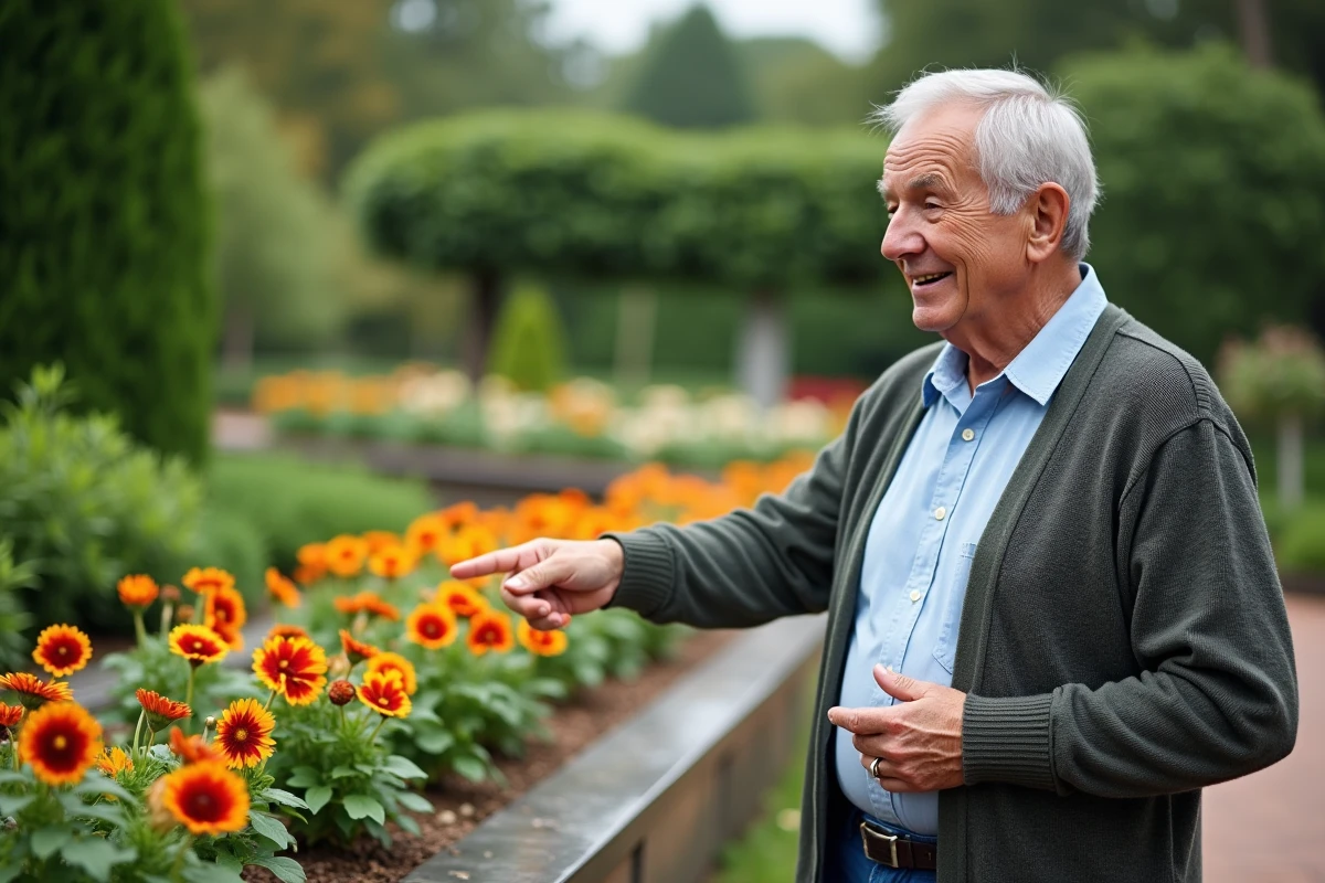 Homme âgé expliquant des fleurs dans un jardin botanique