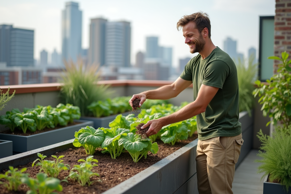 Jeune homme arrosant ses plants sur un toit urbain