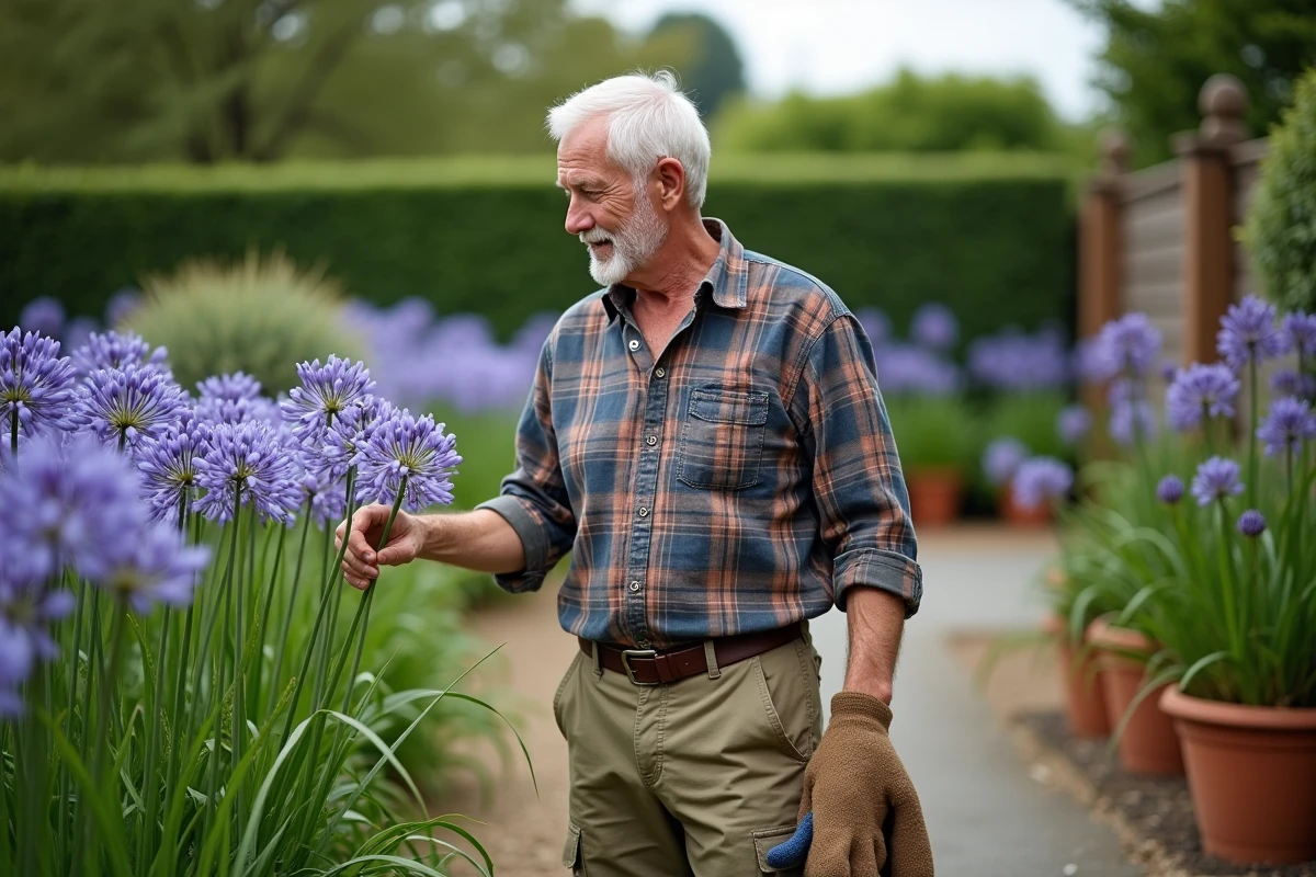 Homme senior inspecte les fleurs d