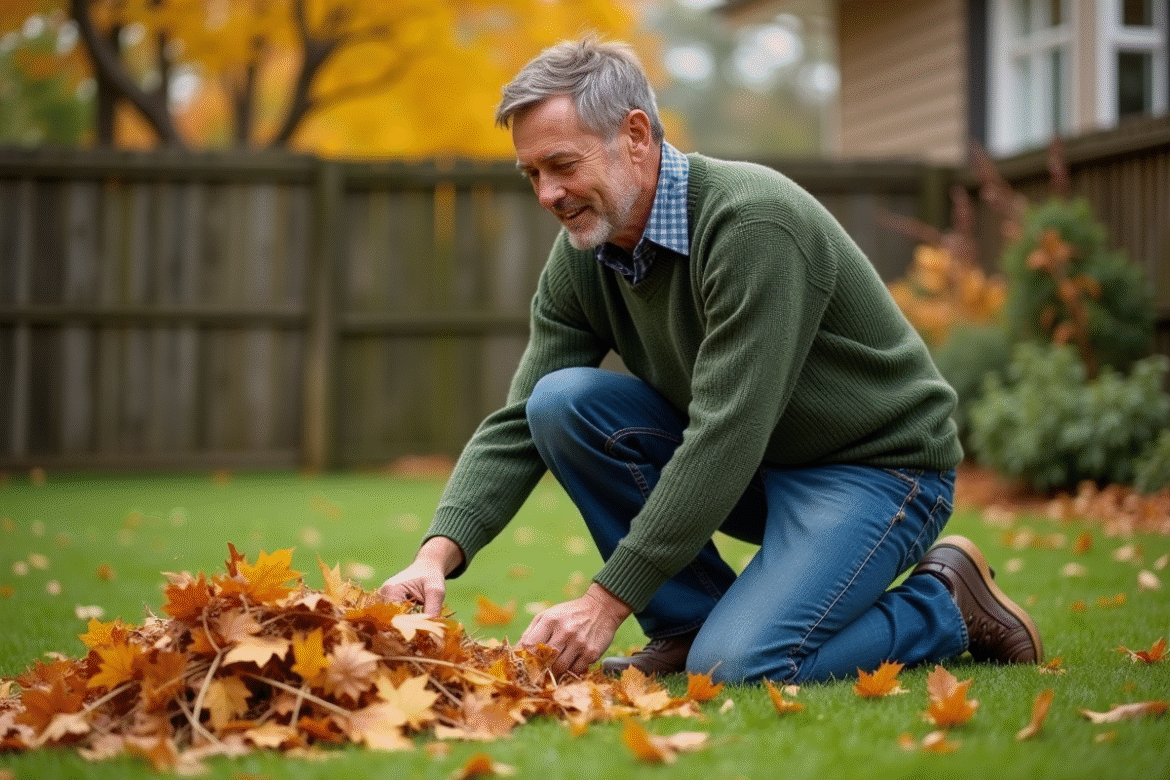 Homme d'âge moyen ratisant des feuilles automnales dans son jardin