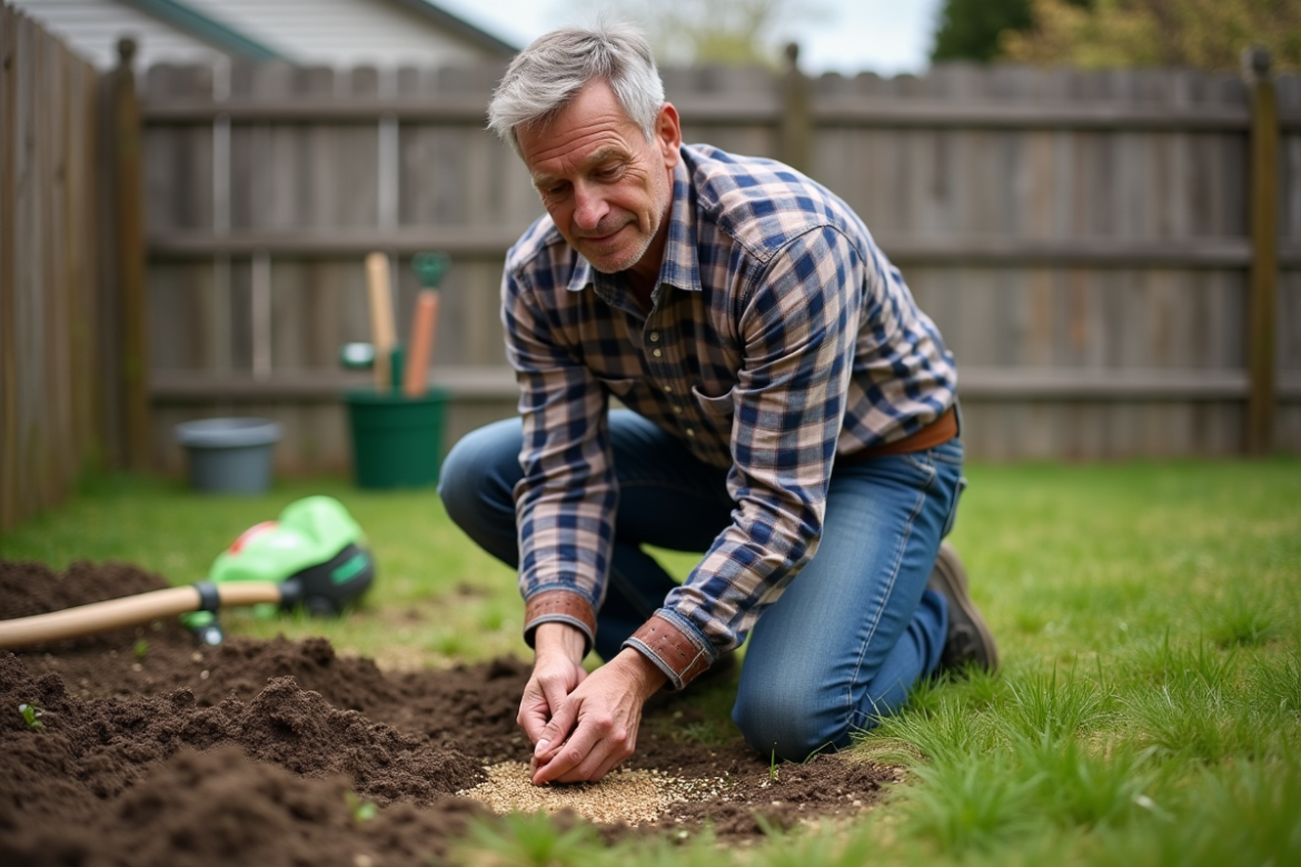 Homme d'âge moyen semant des graines dans un jardin