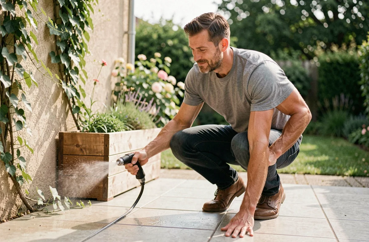 Homme appliquant une solution de savon noir au spray le long des bordures d'une terrasse pour éloigner les fourmis