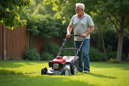 Homme d'âge moyen tondant la pelouse avec une tondeuse à essence