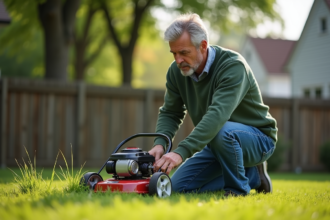 Homme d'âge moyen taillant la pelouse avec une tondeuse manuelle