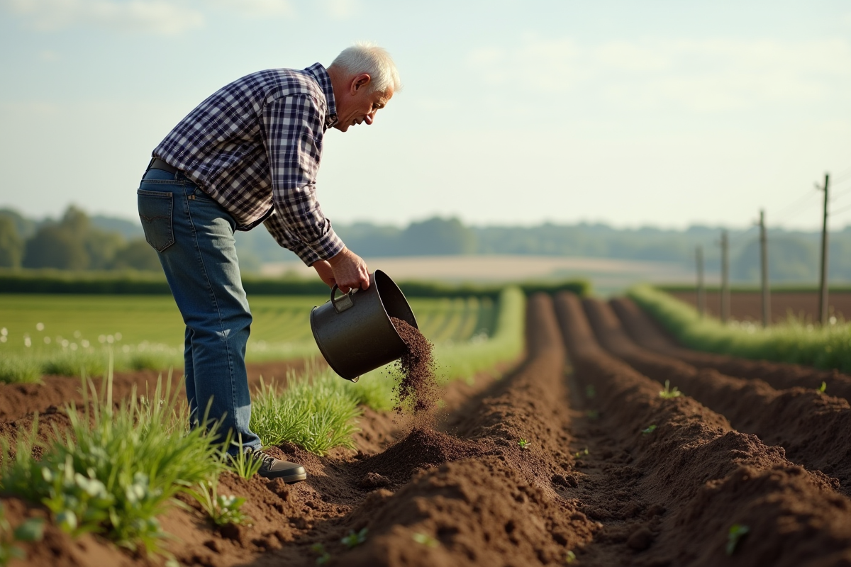Homme âgé épandant du compost sur un champ en campagne