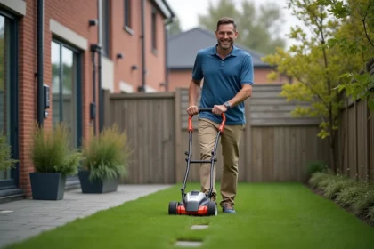 Homme en polo bleu tondant un petit jardin urbain