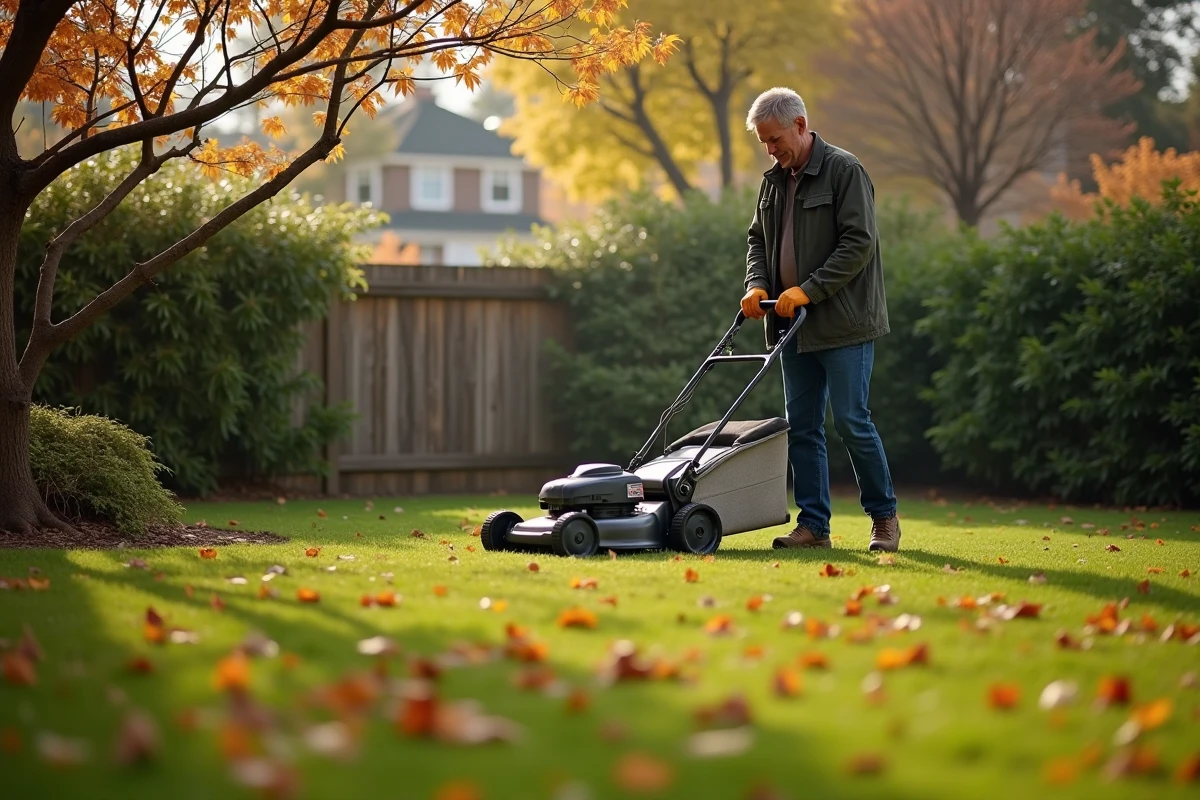 Homme d'âge moyen en tenue automnale pousse une tondeuse électrique dans un jardin