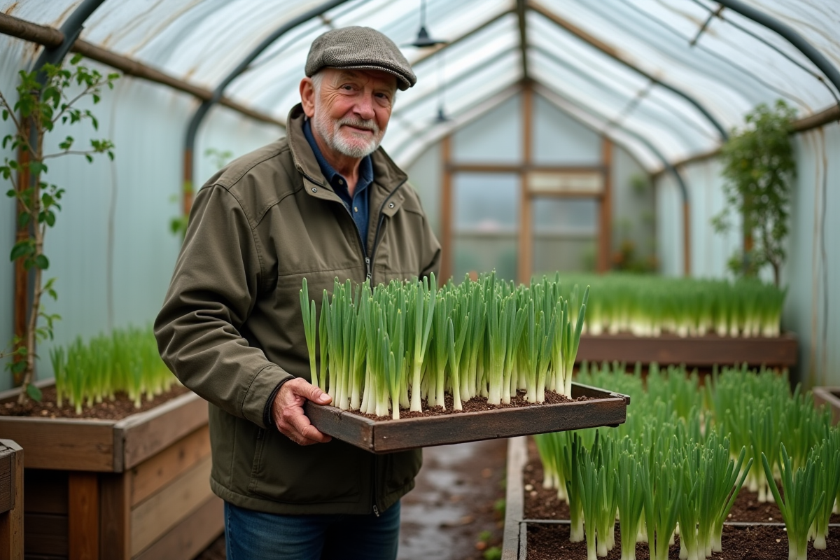 Homme dans une serre tenant des plants de poireaux