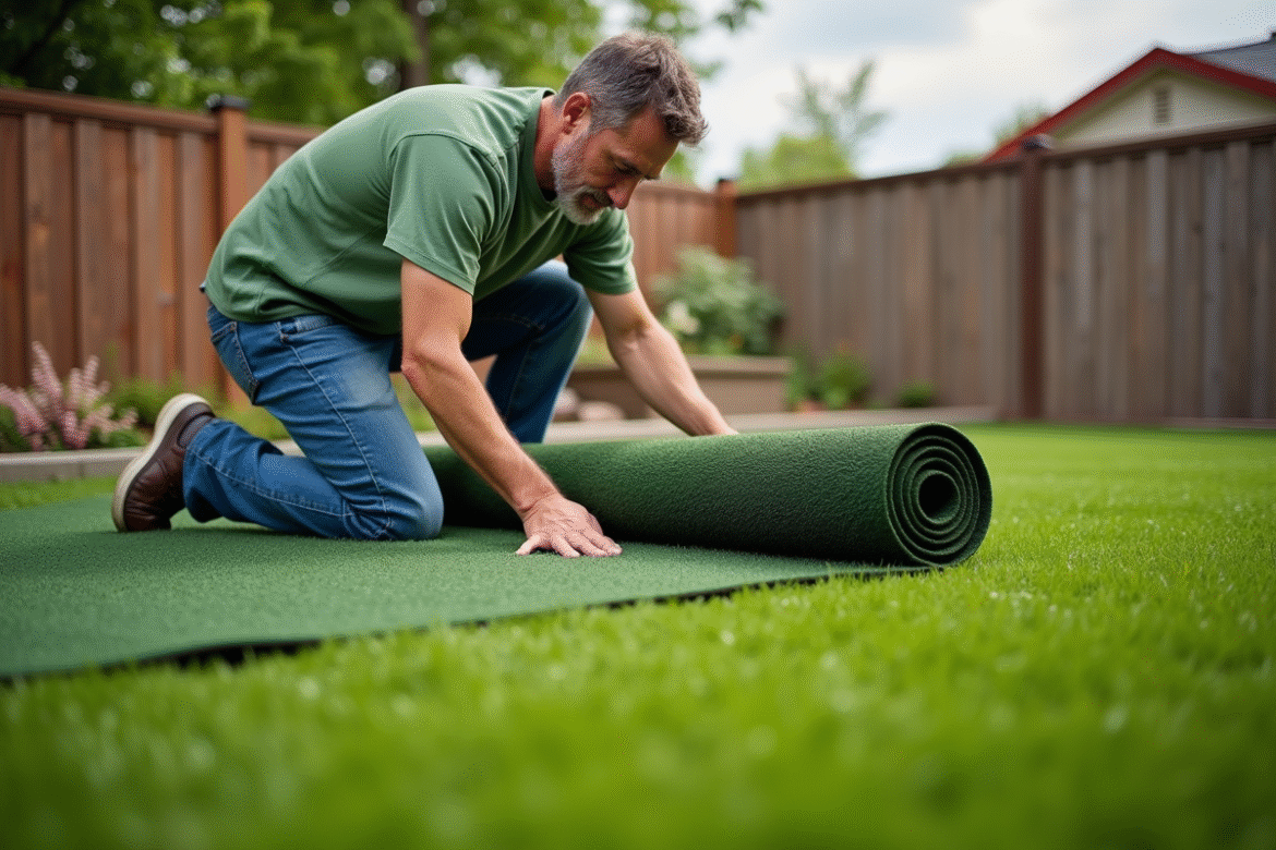 Homme d'âge moyen posant dans un jardin en déployant du gazon synthétique