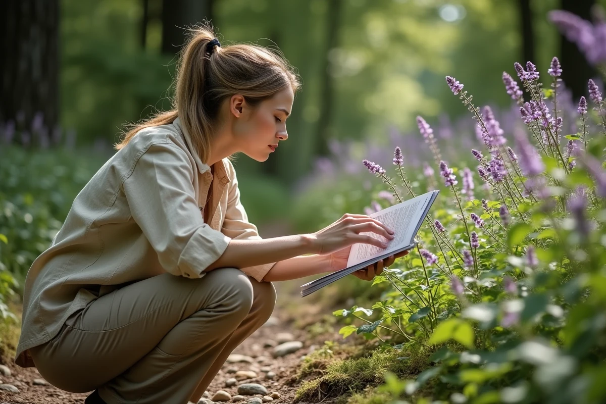 Femme identifiant une fleur sauvage violette sur un chemin forestier avec un guide botanique
