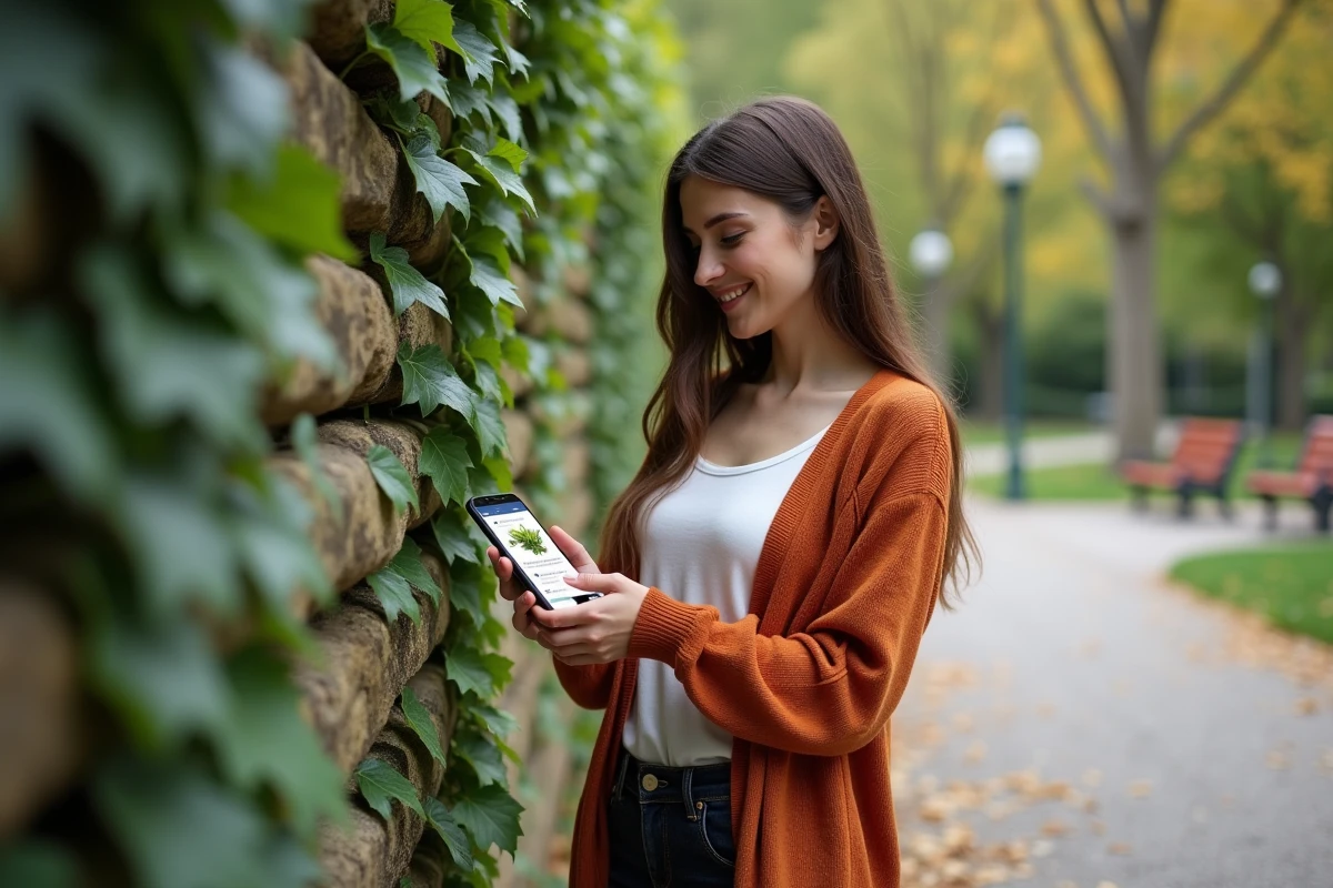 Jeune femme identifiant du lierre urbain avec l'application PlantNet gratuite sur Android