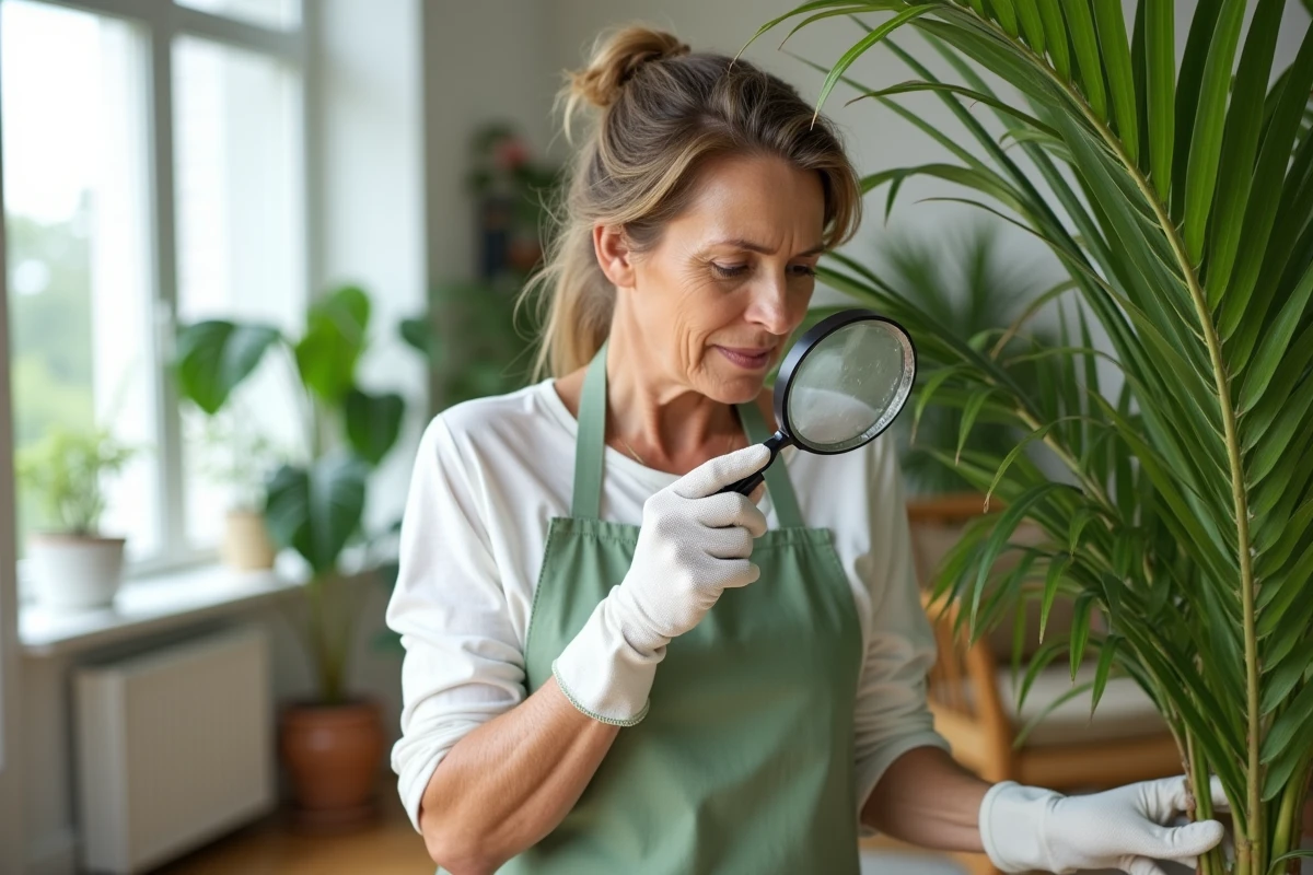 Femme inspectant un palmier d'intérieur aux feuilles jaunissantes avec une loupe pour détecter des parasites invisibles dans un salon moderne