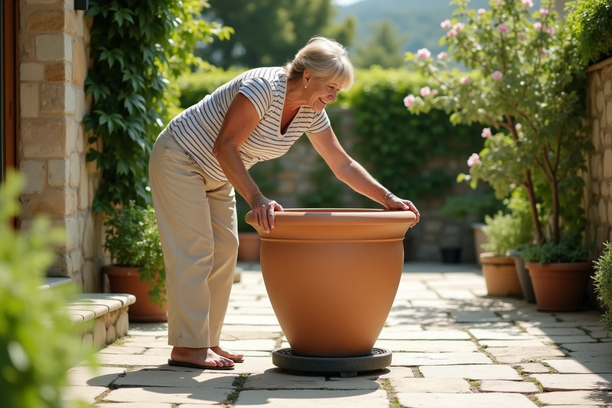 Femme installant un grand pot de fleur extérieur de 100 cm sur des patins de protection en caoutchouc sur une terrasse en pierre