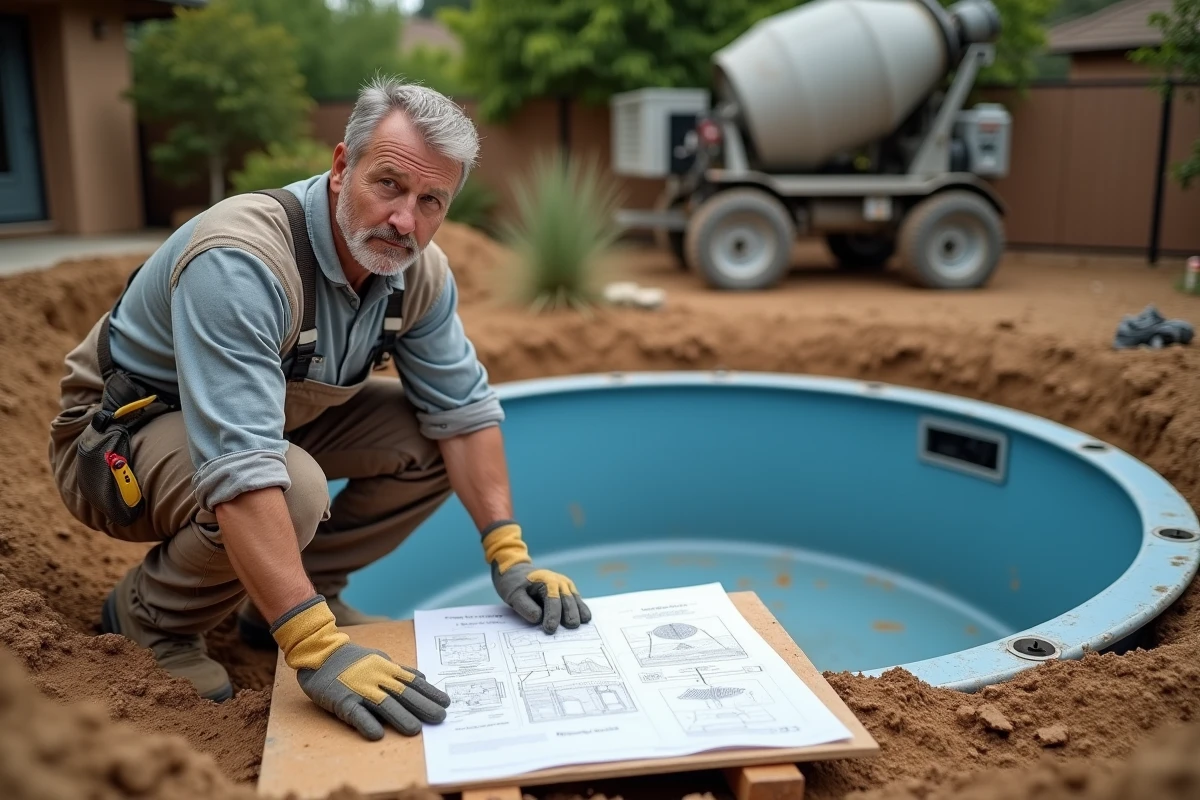 Homme en train d'installer lui-même une piscine coque en fibre de verre dans son jardin en chantier, étudiant les plans de pose sur le bord de l'excavation