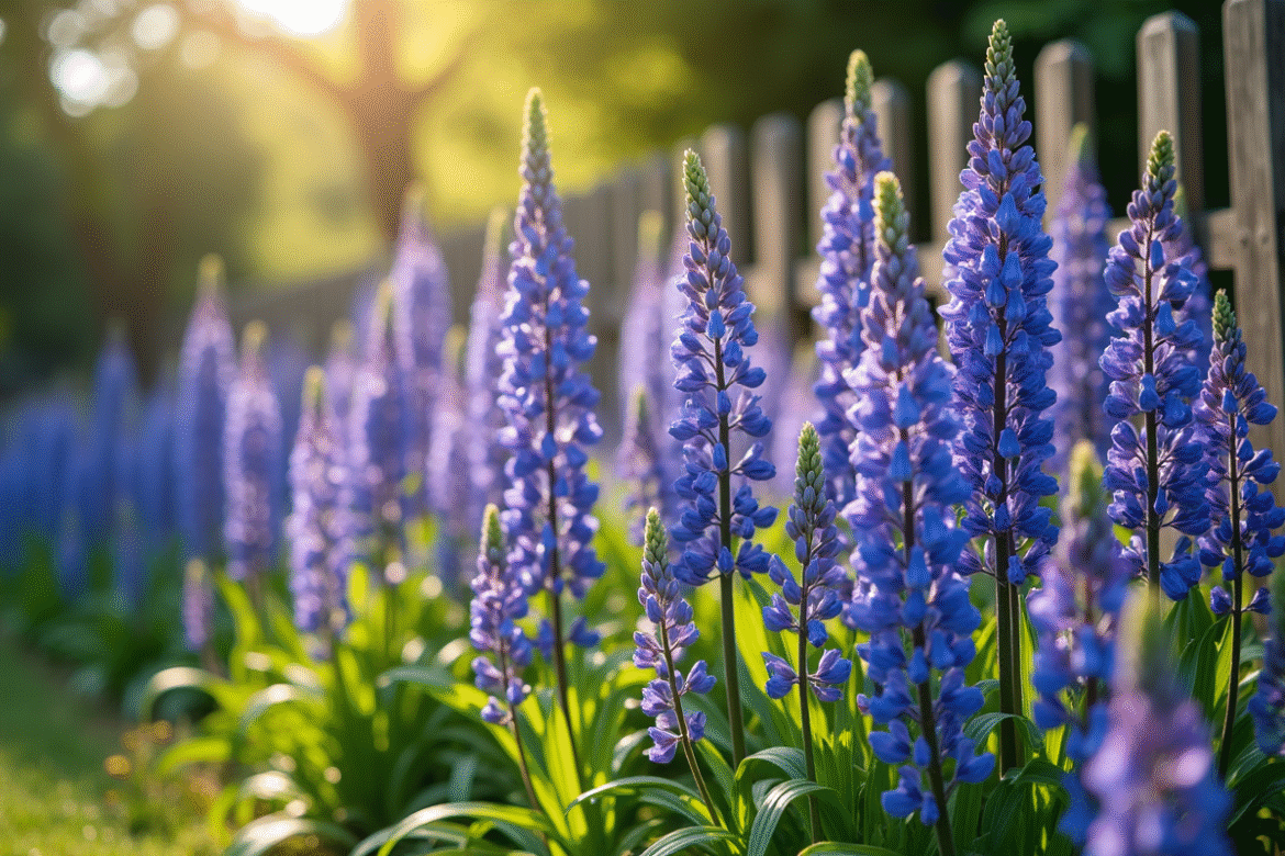 Jardin coloré avec des delphiniums bleus et violets en pleine floraison