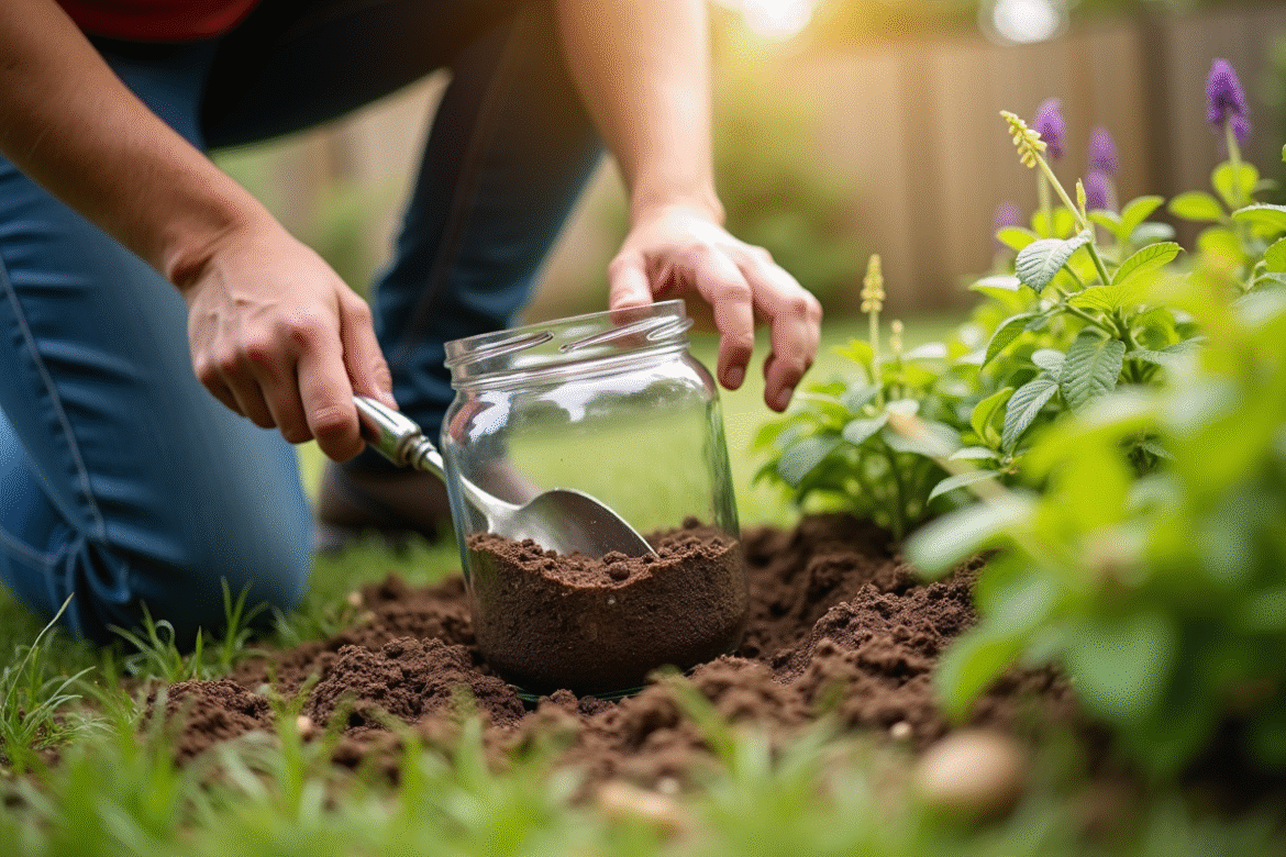 Personne en jardin creusant dans la terre avec un petit outil