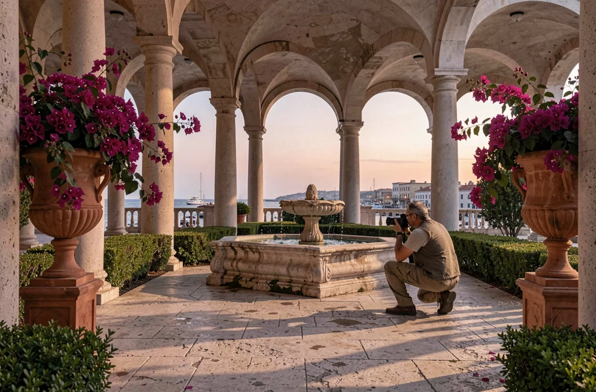 Jardin intérieur de la Barrakka supérieure à La Valette avec arcades en pierre et bougainvilliers au crépuscule