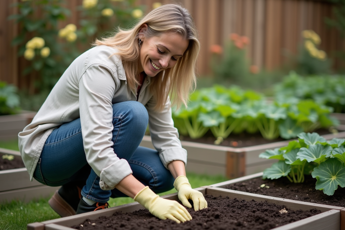 Femme plantant des graines de zucchini dans un jardin