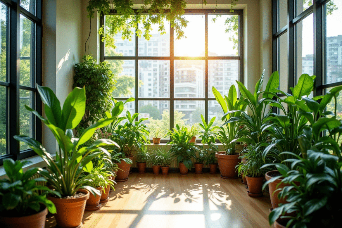 Jardin intérieur urbain avec plantes vertes et lumière naturelle