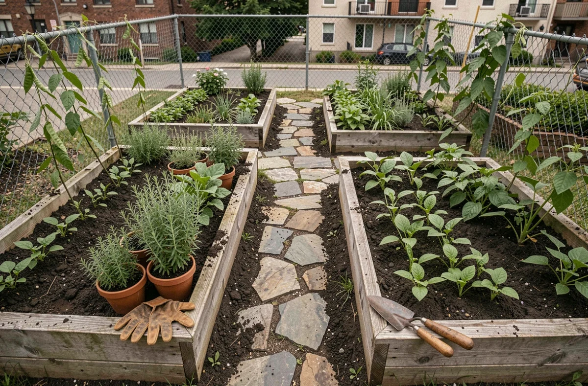 Vue aérienne d'un jardin urbain partagé avec des carrés potagers, des herbes aromatiques et des outils de jardinage