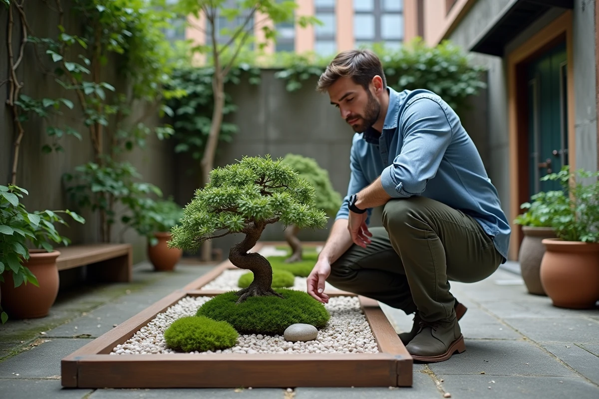 Homme aménageant un jardin zen minimaliste dans une petite cour urbaine avec bonsaï et galets