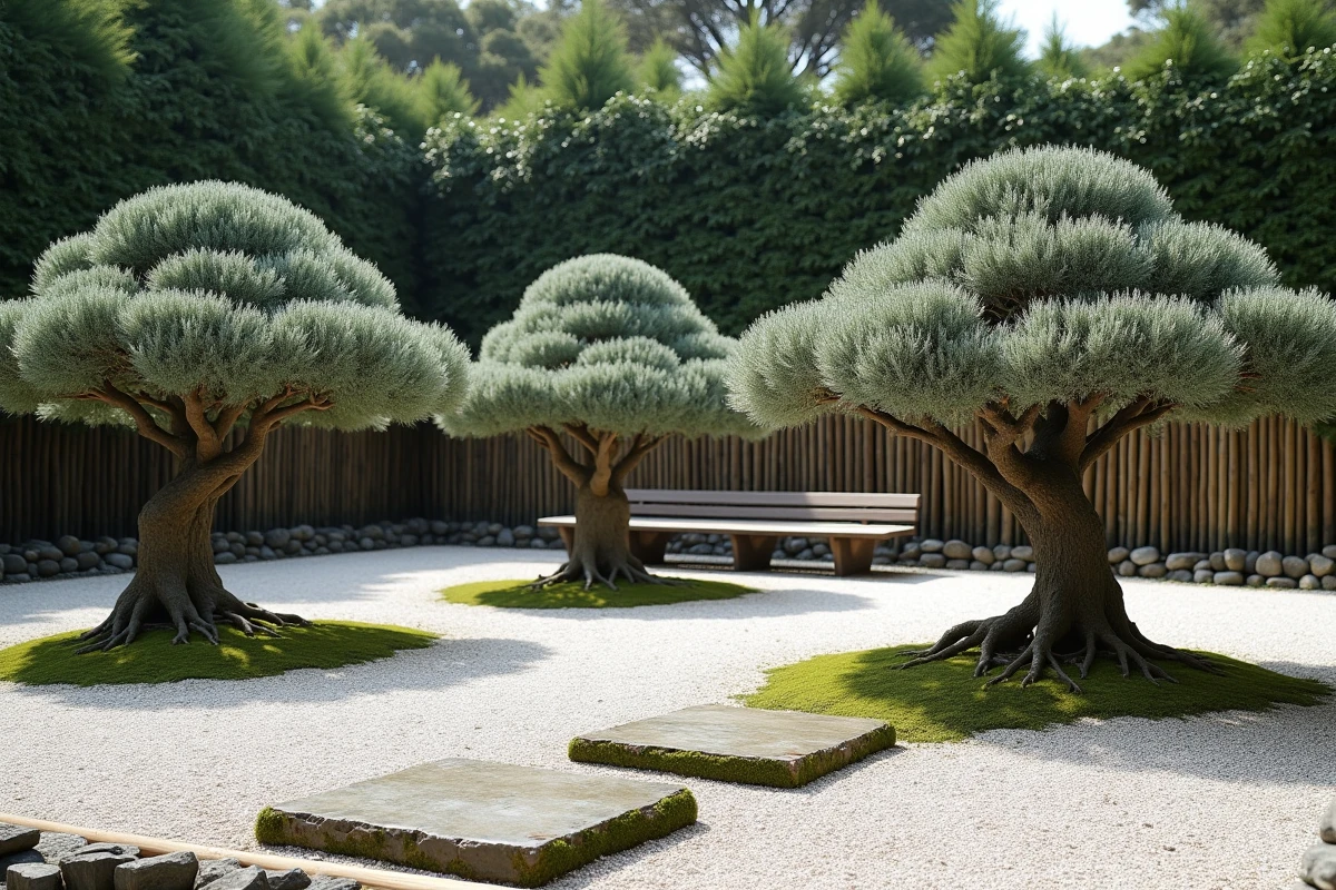 Jardin zen avec trois oliviers taillés en nuage en topiaire sur graviers ratissés