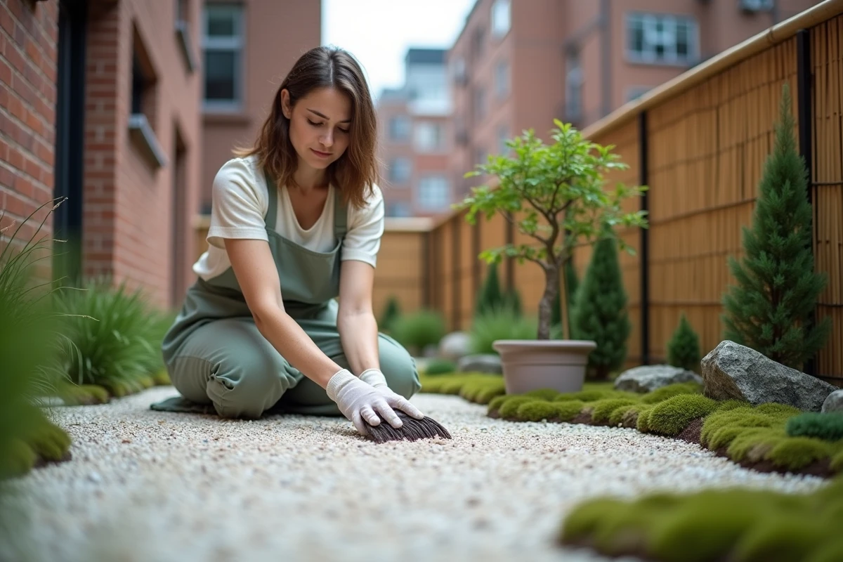 Femme aménageant un petit jardin zen urbain sur un balcon avec râteau et gravier blanc