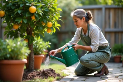 Femme jardinant arrosant un citronnier vert sain