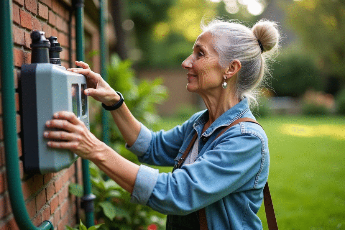 Femme inspectant un panneau d'irrigation dans le jardin