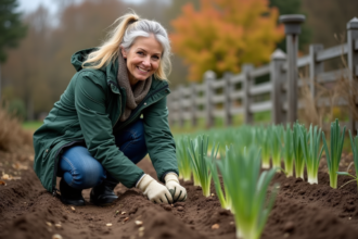 Femme plantant des poireaux dans un jardin en automne