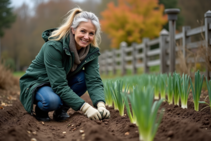Femme plantant des poireaux dans un jardin en automne